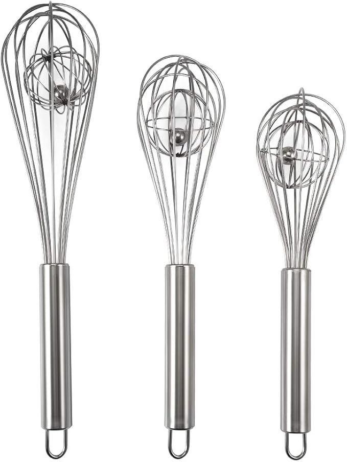 3 Pack 9, 10, 12 inch Balloon Whisk Double Balloon Wire Whisk Blending Whisking Beating Stirring Egg Beater Stainless Steel(with inside Ball)
