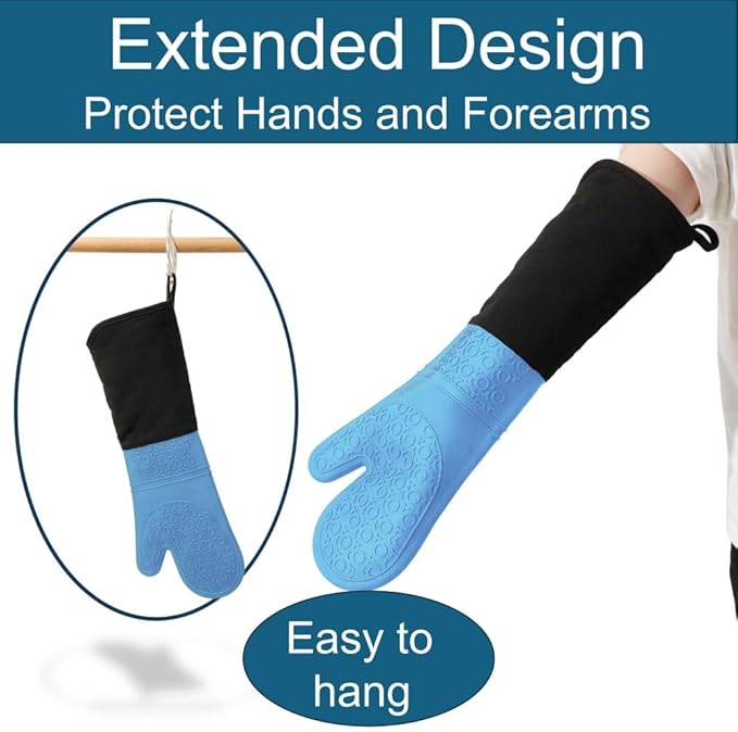 Extra Long High Temp Oven Mitts - 2pcs Commercial, Heavy Duty Non-Slip Grip Mitts - Silicone Heat Resistant Up to 500 Degrees, Ideal for Cooking, Baking & Frying, Blue