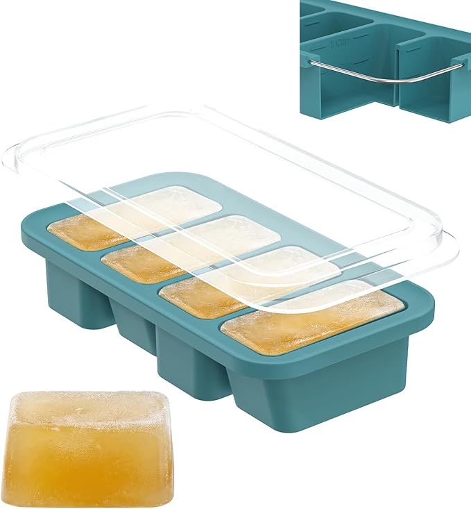 DOQAUS Silicone Freezer Molds, Reinforced Steel Frame 1 Cup Ice Cube Trays with Lid, 4-Cavity BPA-Free Soup Containers for Meal Prep, Kitchen