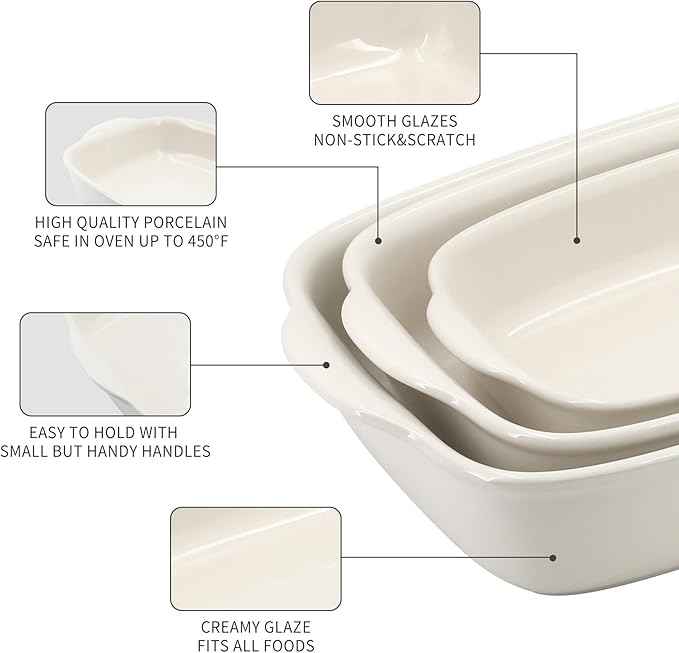 3-Pack Ceramic Baking Dishes Set,Heavy-Duty Oven-Safe Stoneware,Deep Rectangular Casserole Pans for Lasagna & Baking,High Heat Resistant,Handcrafted Glazed Finish (13.8''/12''/9.6'' Pure Off-White)