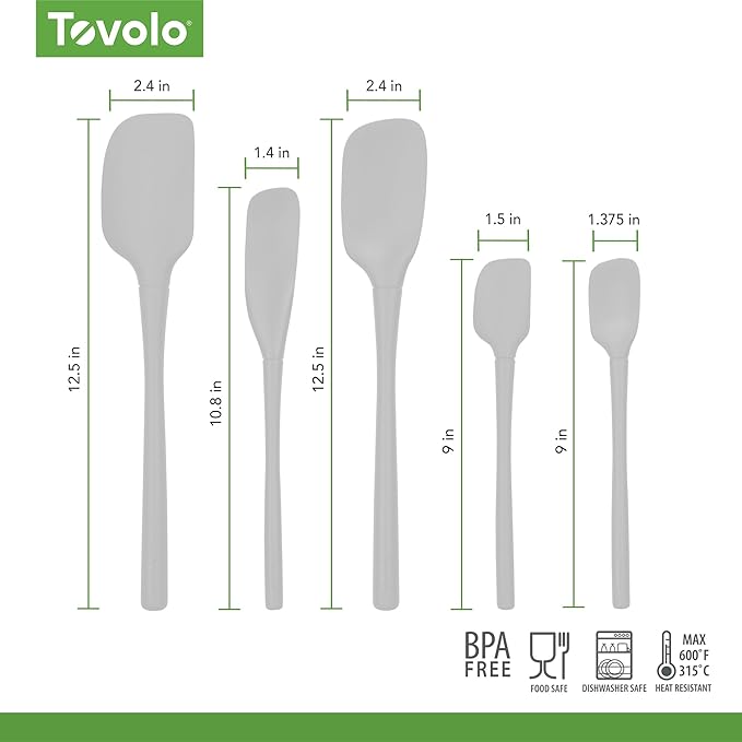 Tovolo Flex Core 5 Piece Silicone Spatula Set Heat Resistant All Silicone Utensils Include Non Stick Spatula Spoonula Jar Scraper, Dishwasher Safe BPA Free Spatulas for Baking Mixing, Oyster Gray