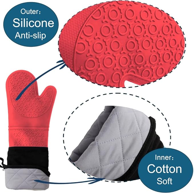 Extra Long High Temp Oven Mitts - 2pcs Commercial, Heavy Duty Non-Slip Grip Mitts - Silicone Heat Resistant Up to 500 Degrees, Ideal for Cooking, Baking & Frying, Red