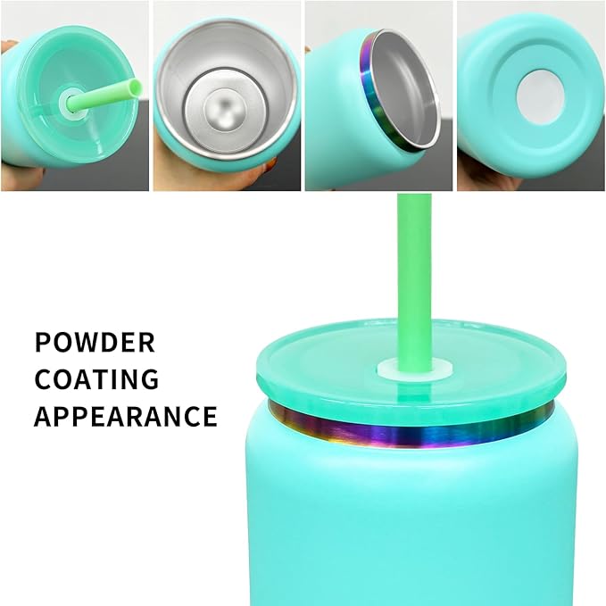4 Pack Glass Cups with Lids and Straws, 16 oz Stainless Steel Cups, Insulated Skinny Tumbler, Powder Coated Travel Tumblers for Laser Engrave, Iced Coffee Cup for Smoothie Water DIY Gift(Green,4 pack)