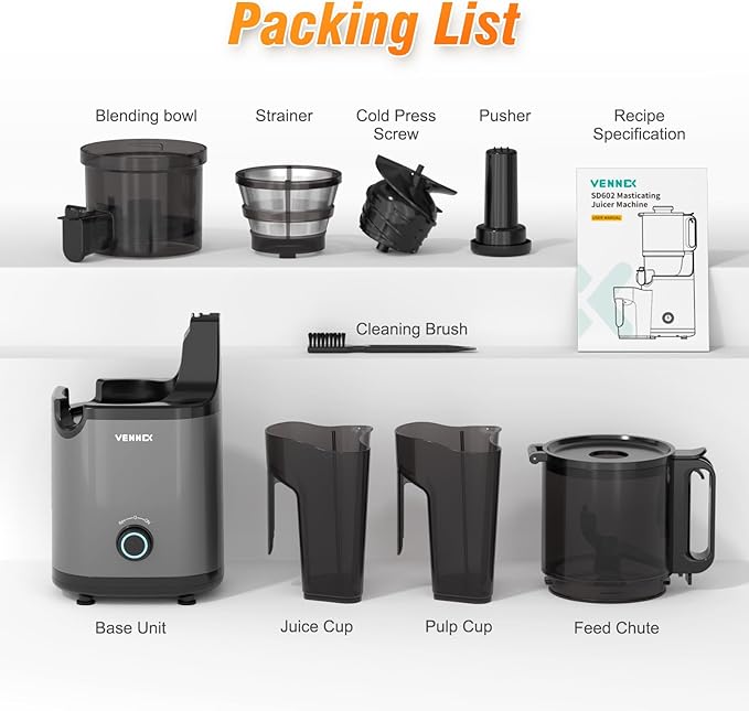 VENNXE Masticating Juicer Machines, 5.7" Extra Large Feed Chute Cold Pressed Juicer, Easy to Clean Slow Juicers, High Yield Electric Juice Extractor for Vegetable and Fruits, 50oz Capacity Juice Maker