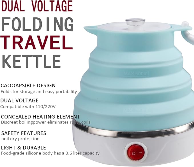 Travel Foldable Electric Kettle, Collapsible Electric Kettle Food Grade Silicone Small Pot Boiling water,Dual Voltage（600ml,110-220V US Plug） (Blue)