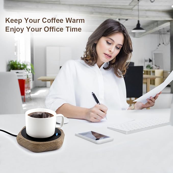 Coffee Mug Warmer for Desk - Wooden Auto Shut Off Drink Warmer for Milk Tea Water Cocoa - Smart Beverage Heating Candle Wax Plate - Hexagonal
