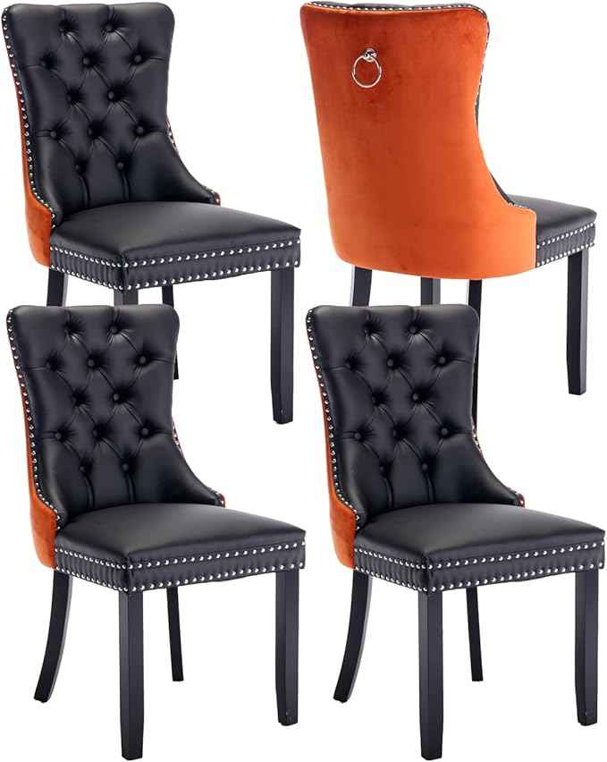 Dining Chairs Set of 4, Upholstered Dining Room Chairs with Back Ring Pull Trim and Solid Wooden Legs, Modern Tufted Kitchen Chairs Perfect for Dining Room, Black Pu Leather Splicing Orange Velvet