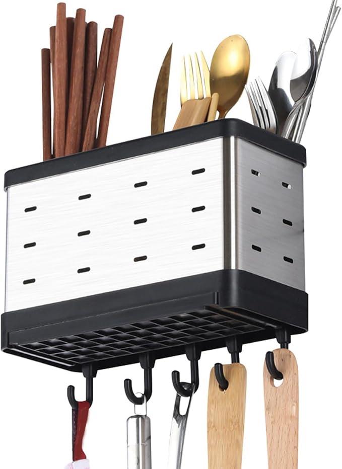 Wall Mount Utensil Holder, Stainless Steel Hanging Utensil Drying Rack Silverware Cutlery Organizer for Spoons, Forks, Chopsticks