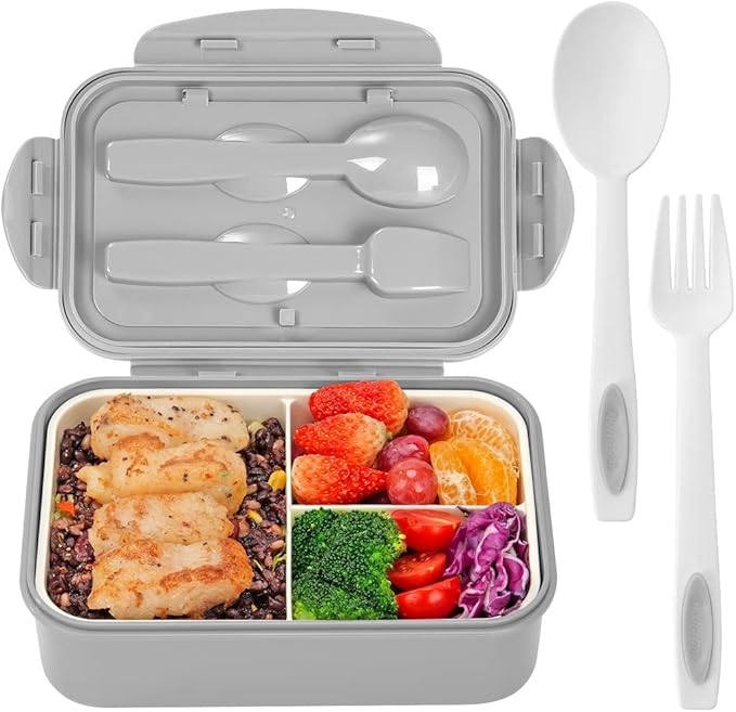 Bento Boxes for Adults - 1100 ML Bento Lunch Box Container For Kids With Spoon & Fork - Durable Perfect Size for On-the-Go Meal, BPA-Free and Food-Safe Materials(Grey)