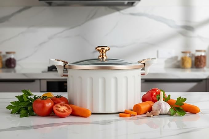 Non-Stick Enamel Pressure Cooker with Push Pull Lock, Silicone Seal, Spill-Proof Valve,ivory