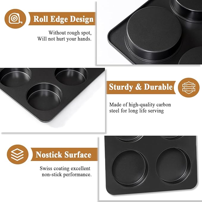2 Pcs English Muffin Pans, 3.6 Inch Non-Stick 6 Cup Straight Side Cupcake Pan, Hamburger Bun Pan for Baking Muffin Egg Sandwich Frittata Cinnamon Roll (Lid NOT Included)