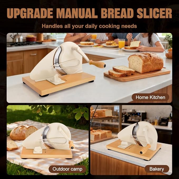 Upgrade Manual Bread Slicer for Homemade Bread, Sourdough Slicer with Hand Crank, Metal Guide Rail, Non-Slip Suction Base & Sharp Blade for Consistent Even Slices