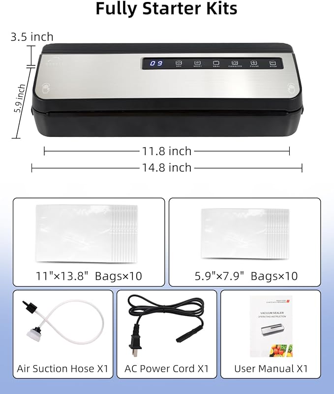 Vacuum Sealer Machine for Food, 80KPA Powerful 8-in-1 Automatic Vacuum Food Sealer with Dry & Moist Modes, Bag Storage, Cutter, Digital Countdown, 20 Pre-Cut Bags & External Air Suction Hose