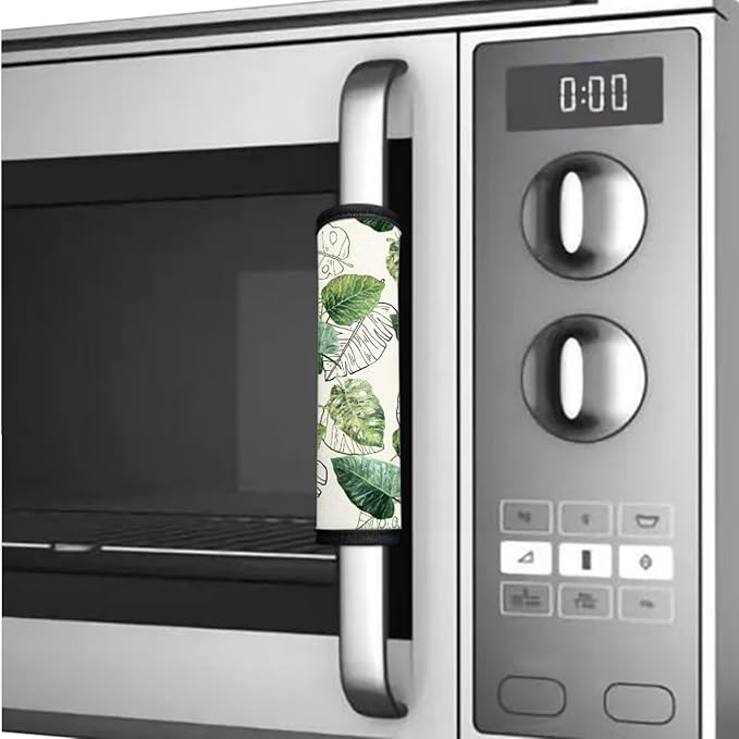 Fridge Door Handle Covers Set of 6 Washable Kitchen Electric Appliances Handle Protector Anti-Skid Home Decor Oven Refrigerator Microwave Accessories, Green Leave Cream White
