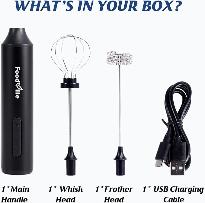 FoodVille MF05 Rechargeable Milk Frother USB Charging Handheld Foam Maker with Stainless Balloon Whisk for Cappuccino, Latte, Bulletproof Coffee, Keto Diet, Protein Powder, Matcha (Black)
