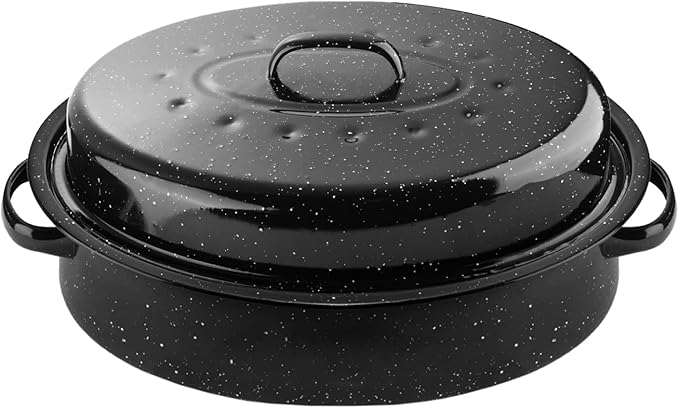 DIMESHY 16Inch Roasting Pan, Enamel on Steel, Black Covered Oval Roaster Pan with Lid, Medium Cookware for Turkey, Small Chicken, Roast Baking Pan.