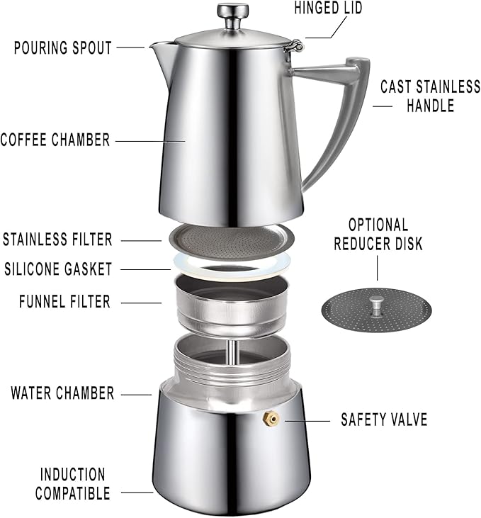 CUISINOX Roma Satin Stainless Steel Moka Pot Stovetop Espresso Maker, 10-Cup
