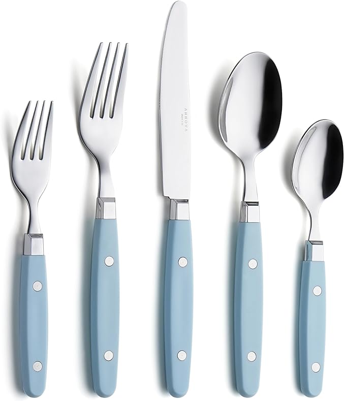 ANNOVA Silverware Set, Retro/Rivet Colorful Stainless Steel Tableware Kitchen Flatware Set Utensils, Includes Dinner Knives, Forks, Spoons, Salad Forks & Dessert Spoons (Sky Blue, 20 Pieces)