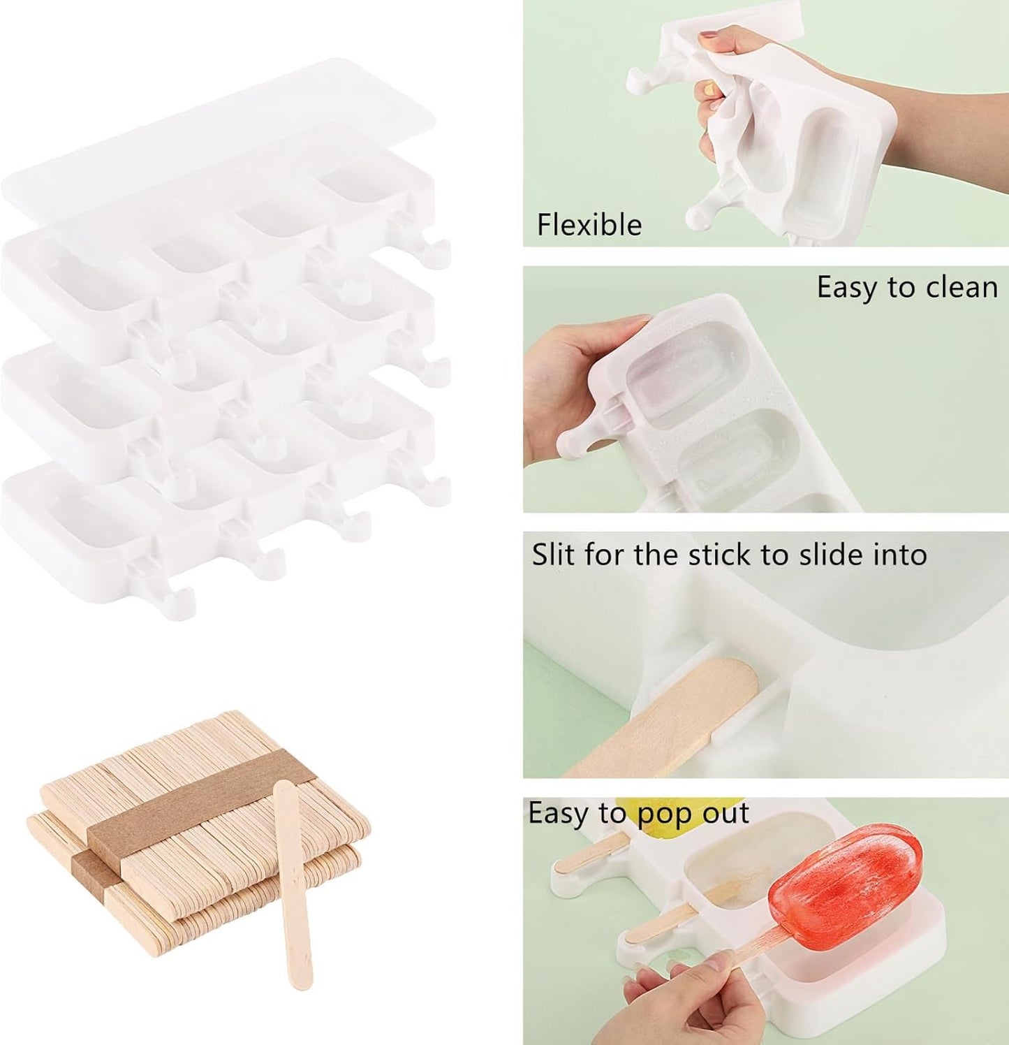 3 Set Samll Popsicles Molds with Lids and 100 Pieces Wooden Popsicles Sticks, 4 Cavities Silicone Ice Cream Molds for Making Cakesicles, Cake Pops, Ice Cream - BPA Free