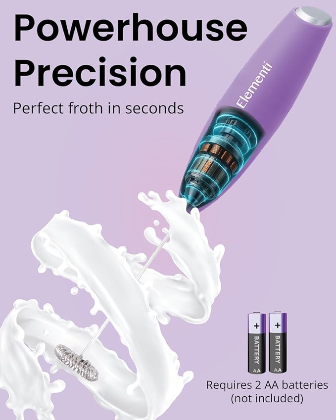 Elementi Milk Frother Wand & Drink Mixer with Stand - Turbo Milk & Coffee Frother Handheld - Hand Held Coffee Mixer Wand & Cold Foam Maker for Frothy Cappuccinos, Lattes & Drink Mixes (Lavender)