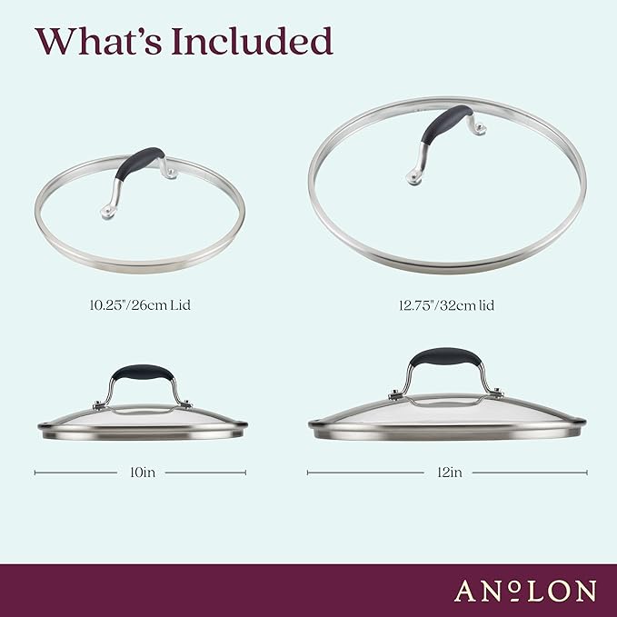 Anolon Advanced Home Glass Lids, Stainless Steel and Silicone Handles, 2 Piece, 10 Inch and 12 Inch Lid Set, Onyx