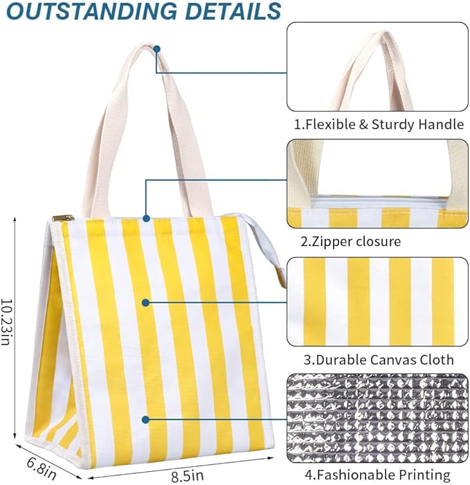 iknoe Insulated Lunch Bag for Women & Adults, 9L Foldable Wide-Open Cooler Bag with Pockets, Leakproof & Portable, for Picnic, Office, Beach(Yellow stripe)