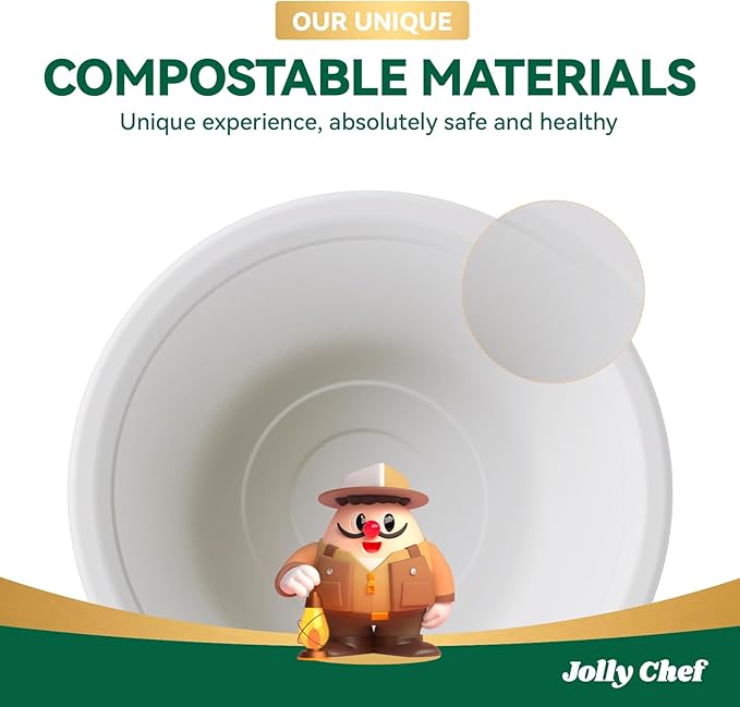 JOLLY CHEF Compostable Disposable Paper Bowl [16 oz] Heavy Duty Soup Containers [500 Pack] Biodegradable Bagasse Hot Cold Food Eco-Friendly Sugarcane Microwavable Bowls for Salad Milk Thanksgiving Day