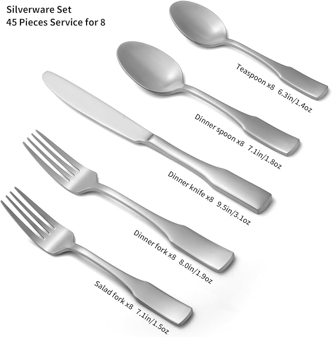 Alata Kate Satin 45-Piece Silverware Set with Utensil-Serving Set,Service for 8,Stainless Steel Flatware Set,Matte Satin Polished Cutlery Set,Dishwasher Safe
