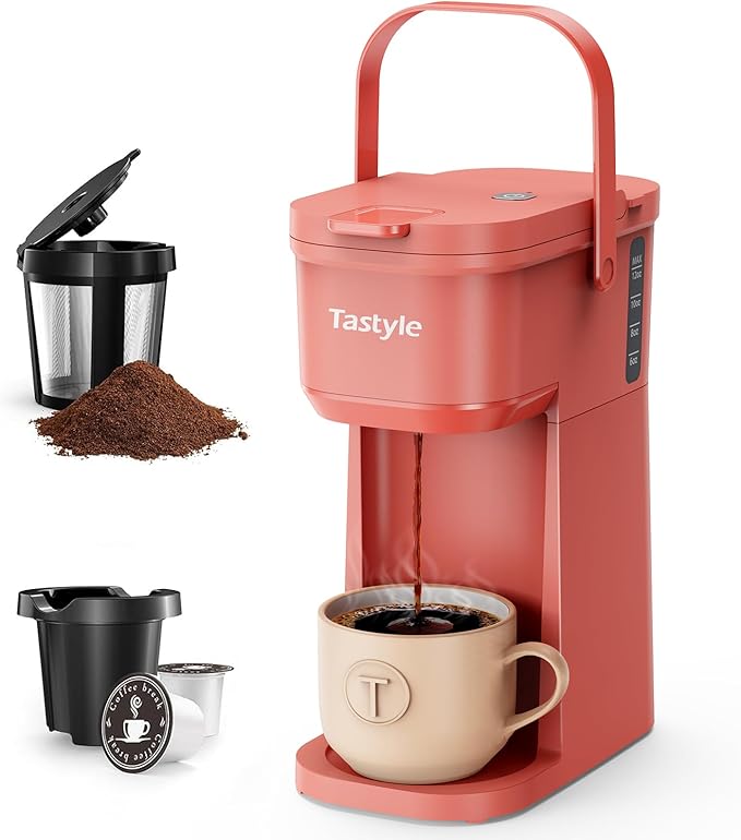 Tastyle Single Serve One Cup Coffee Maker, for K Cups and Grounds, Mini Coffee Maker with Portable Handle, 6 to 12 Oz Brew Size, for Travel, Camping, Office, RV and Dorm, 120V, Salmon Pink