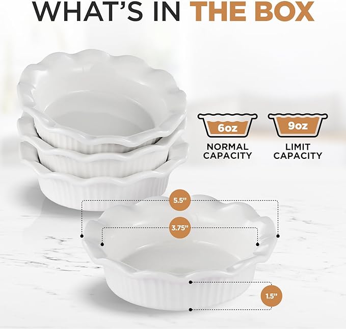Aunt Shannon's Kitchen White Ceramic Mini Pie Pans - Set of 4 - Small 5.5 Inch Pie Pans with Classic Fluted Rims - Individual Pot Pie Pans for Pot Pies, Quiches, Puddings - Pot Pie Baking Dishes