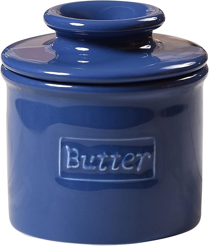 Butter Bell - The Original Butter Bell crock by L Tremain, a Countertop French Ceramic Butter Dish Keeper for Spreadable Butter, Café Retro Collection, Royal Blue, Glossy Finish