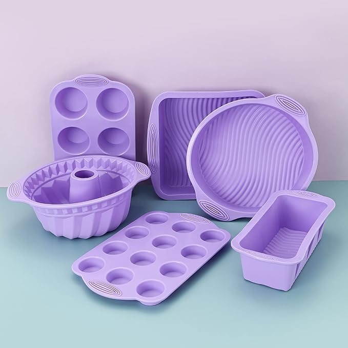 Silicone Baking Tray Silicone Mold Sets Muffin Cup Toast Baking Pan Diy Cake Mold Bakeware Cake Decoration Accessories 6Pcs Set Purple