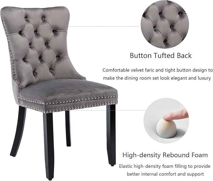 Grey Velvet Dining Chairs Set of 2, Upholstered Dining Room Chairs with Back Ring Pull Trim and Solid Wood Legs,Tufted Wingback Kitchen Chairs for Dining Room,Living Room,Kitchen(Grey)