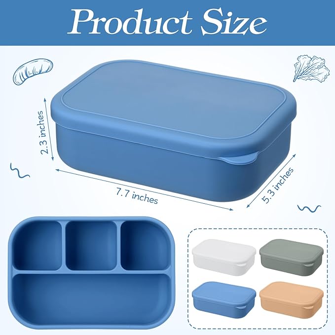 Potchen 4 Pcs Large 7.6x5x2 Inches Silicone Bento Box Reusable Lunch Container Leakproof Snack Meal Boxes for Work Travel Food Storage Microwave Dishwasher Freezer Safe 4 Compartment(Brilliant Color)