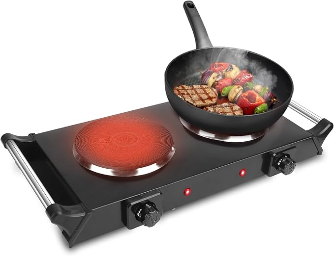 Electric Countertop Double Burner, 2000W Cooktop with Cast Iron Hot Plate & Stay Cool Handles, 5 Level Temperature Control, Easy to Clean, Indicator Lights, Cooking Stove for Office Home Camping RV