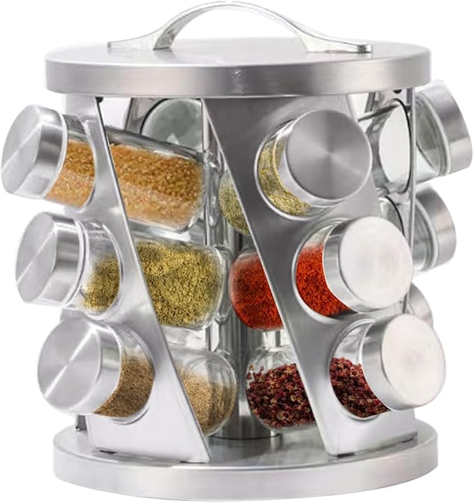 Portable Stainless Steel Spice Rack with 12 Spice Jars Included Revolving Spice Organizer for Kitchen Tower Storage Rack for Spices and Seasoning Silver