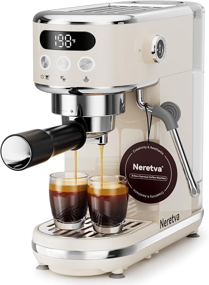 Neretva Espresso Machine 20 Bar, Super Compact Espresso Maker Stainless Steel Professional Espresso Maker Machine with Power Steam & LED Display for Home Barista Latte and Cappuccino Maker-Beige