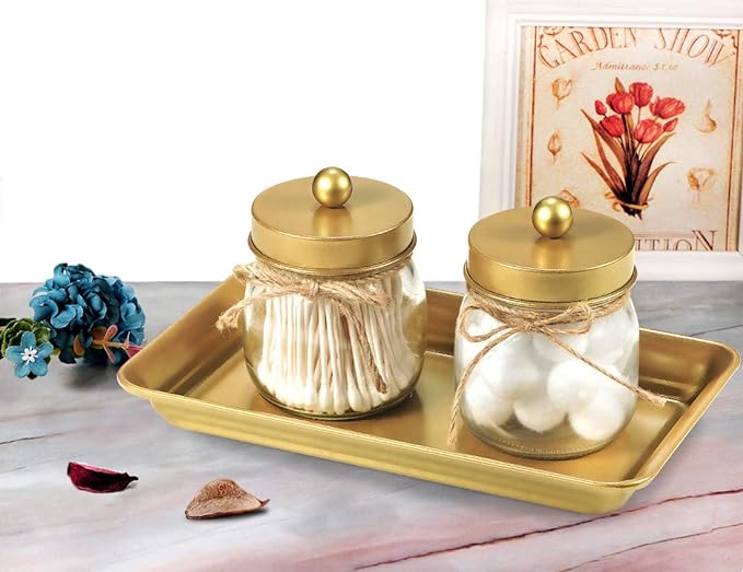 SheeChung 2 Pack Vintage Farmhouse Decor Metal Vanity Tray and 2 Pack Bathroom Soap Dishes Tray with Drain Metal Sponges Scrubber Holder Bar Soap Dispenser Saver - Gold