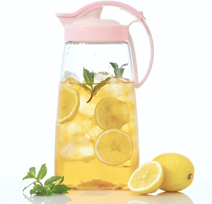 Airtight Beverage Pitcher with Lid for Drinks, Slim 74 oz (2.3 Qt) Tea Juice Water Jug, Leakproof Easy Pour Spout Refrigerator Container, BPA-Free SAN Plastic, Made in Japan (Pink)