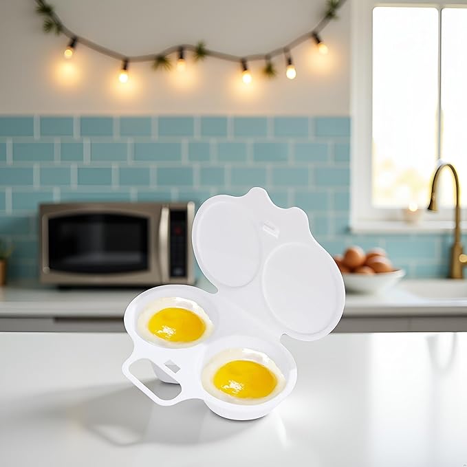 1Pc White Egg Poacher, Microwave Egg Boiler Poacher, 2 Cavity Nonstick Poached Egg Maker With Lid, Egg Poacher Microwave Egg Cooker, Double Drain Poached Egg Cups Cookware（13 * 5cm）