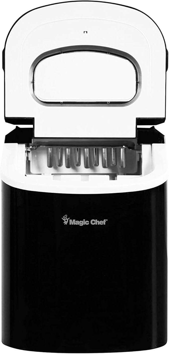 Magic Chef 27-Lb. Portable Ice Maker in Black, Tabletop Ice Maker for Kitchen, Apartment, Dorm, and Basement with Viewing Window, 2 Ice Cube Sizes, and Ice & Water Level Indicator Lights