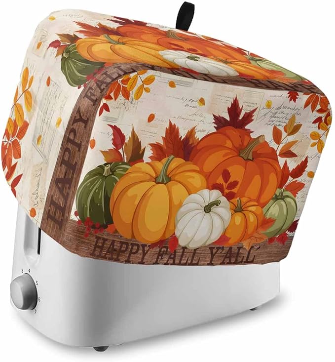 Orange Pumpkins Fall Toaster Cover 4 Slice, Thanksgiving Maple Leaf Dustproof Bakeware Oven Protector with Top Hook, Autumn Retro Waterproof Small Kitchen Appliance Toasters Dust Cover, 12"x11"x8"
