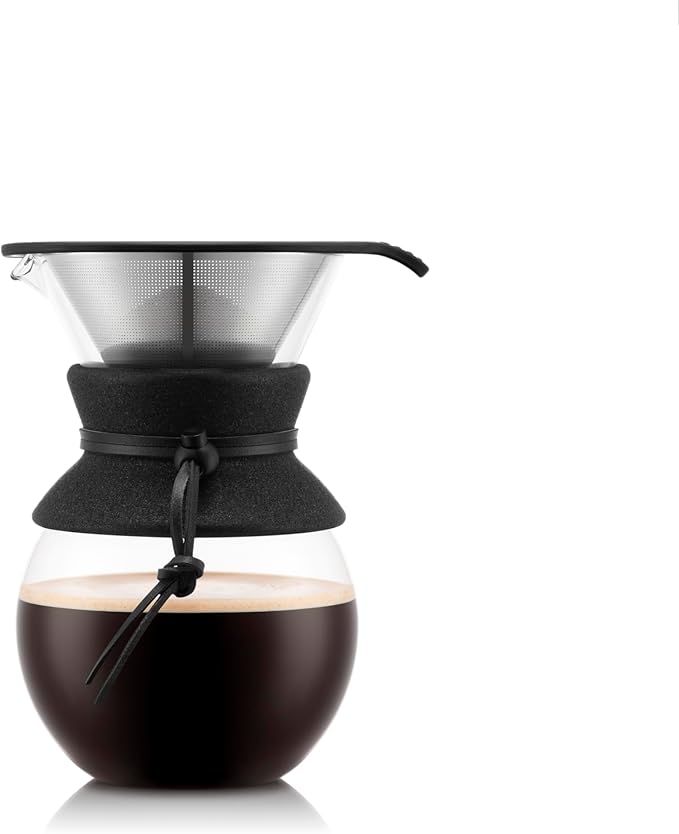 Bodum 34oz Pour Over Coffee Maker, High-Heat Borosilicate Glass with Reusable Stainless Steel Filter and Black Cork Grip - Made in Portugal