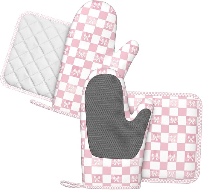 Oven Mitts and Pot Holders Pink Check Bow Pattern Silicone Kitchen Accessories Set of 4 Heat Resistant Long Gloves Potholder Non-Slip Grip for Chef Cooking Baking Grilling BBQ