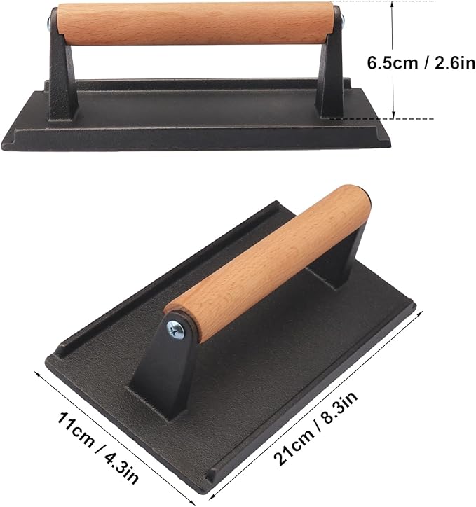 3 Packs 8.26 x 4.3 Inch Cast Iron Grill Press Set, Heavy Duty Steak and Burger Press with Wooden Handle for Burgers, Bacon, Paninis, and More! by Genhakon