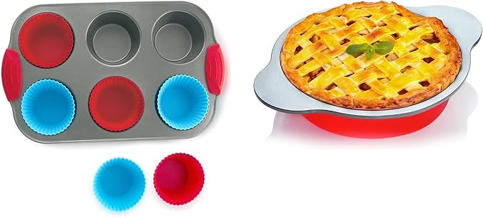 Baking Set: Non-Stick Steel Jumbo 6 Cup Muffin Pan with Silicone Handles & Reusable Liners and 9 Inch Silicone Round Cake Pan with Steel Frame Handles - Bake, Enjoy, Repeat!
