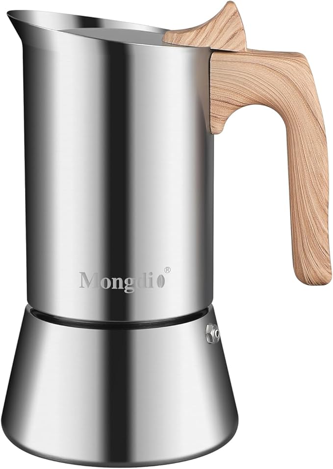 Mongdio Stainless Steel Moka Pot, Stovetop Espresso Coffee Maker, Percolator Coffee Pot, Italian Espresso Greca Coffee Maker for Camping Travel Home, 6 Espresso Cups, 10 oz