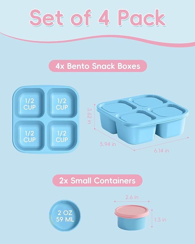 Canfanni 4 Pcs Snack Box Containers Set, Reusable 4 Compartment Lunchable Container with 2Pcs Sauce Containers, Stackable BPA-Free Bento Box for School, Work, Travel (4 Color)