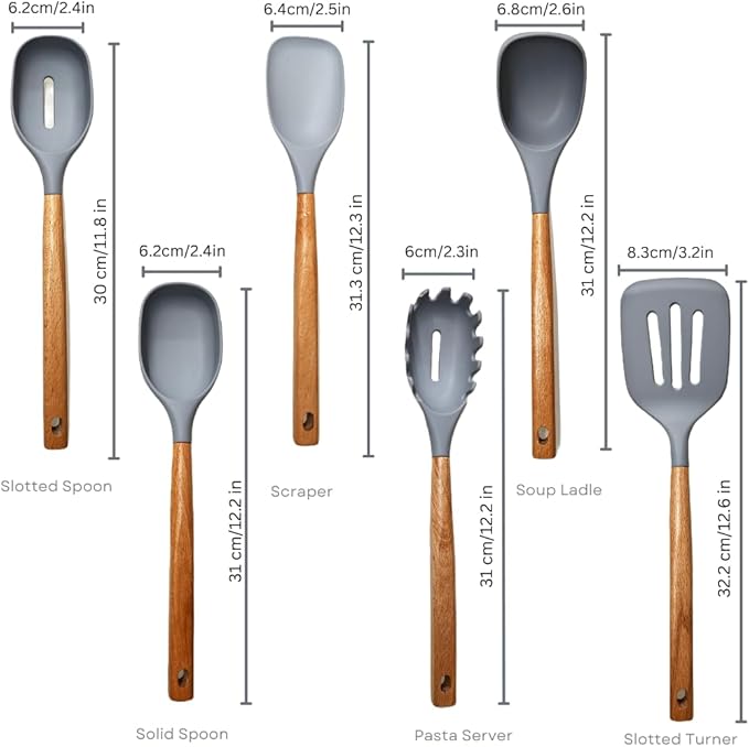 Premium Silicone Kitchen Utensil Set – 7-Piece Cooking Tools with Acacia Wood Handles and Bamboo Holder, Non-Stick, Heat Resistant, BPA-Free, Elegant Kitchen Gift (Grey -7pcs)