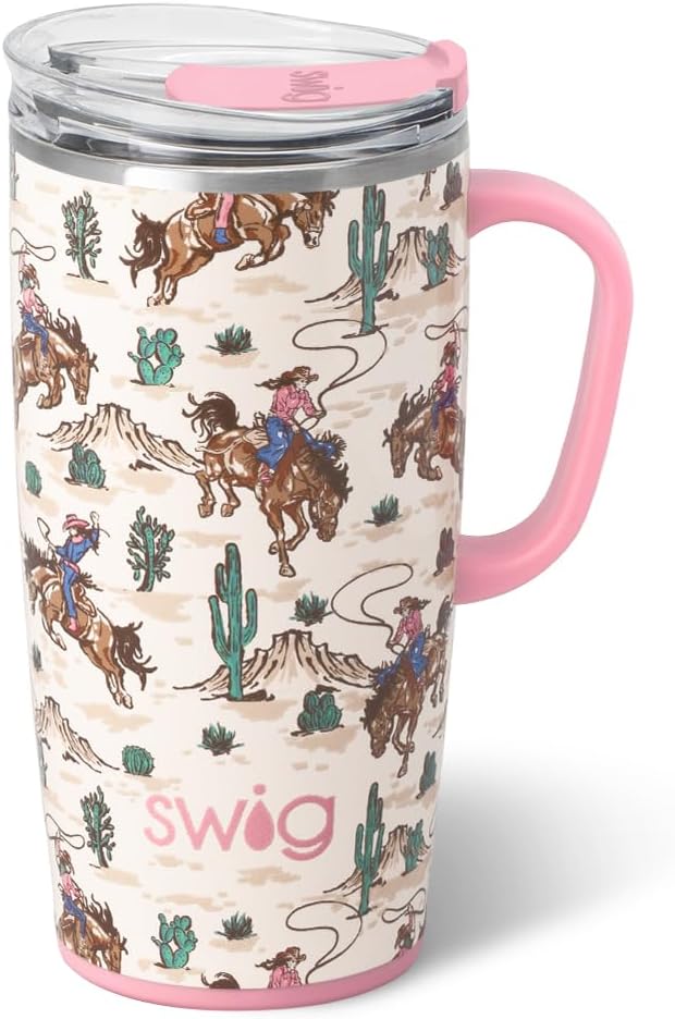 Swig Life 22oz Travel Mug, Insulated Tumbler with Handle and Lid, Travel Coffee Mug, Cup Holder Friendly, Stainless Steel 22 oz Tumbler, Reusable Insulated with Lid (Giddy Up)